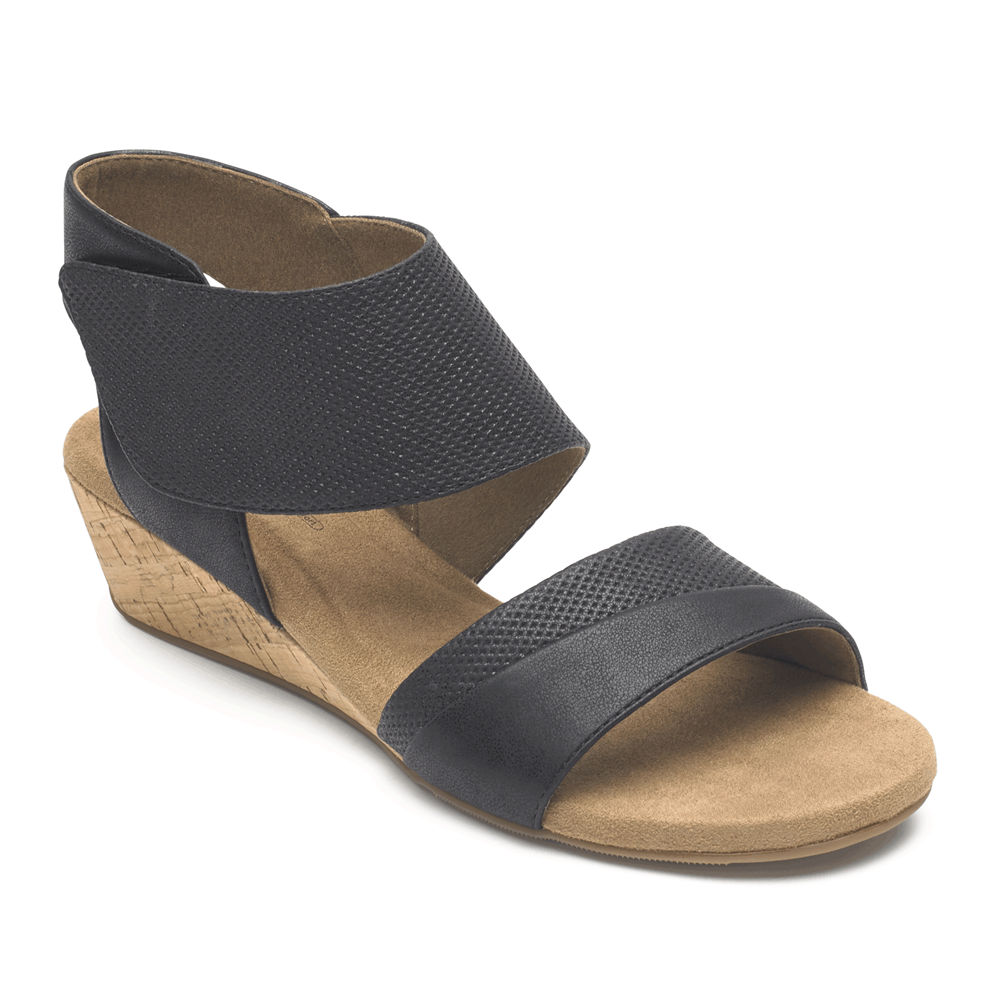 Rockport Womens Sandals Black - Calia Mid Wedge Cuff - UK 286-QGYKJA